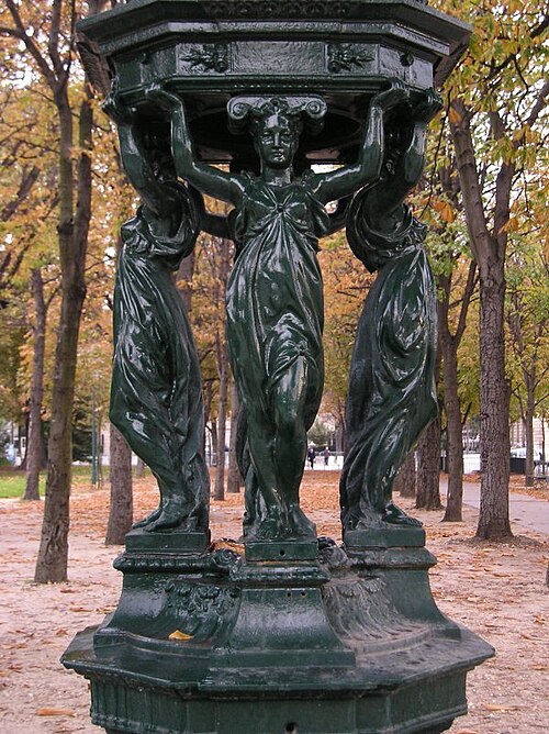 A cast-iron Wallace fountain, one of dozens installed in French cities by millionaire Sir Richard Wallace to provide an alternative to liquor for the working classes