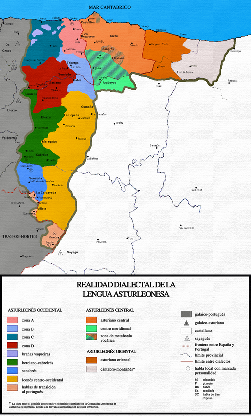 スペイン北西部の色分けされた言語地図