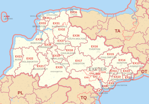 郵便番号区域地図(旧版)。郵便番号地区、郵便局所在地、および近隣の郵便番号区域を示しています。