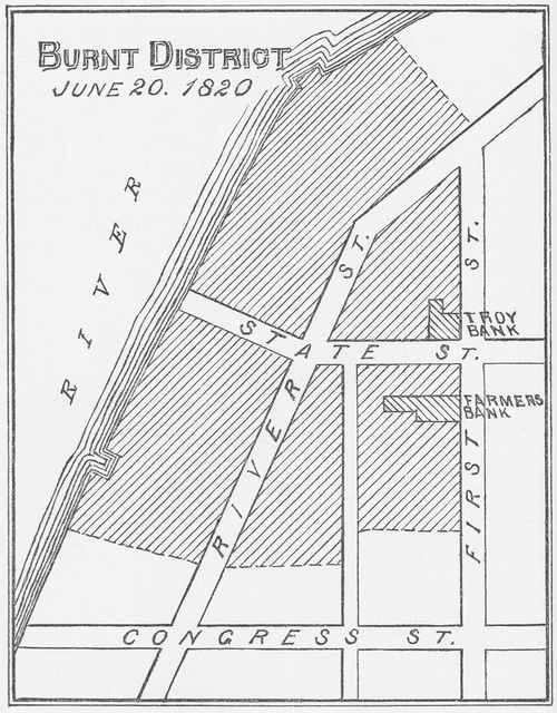 1880 年に刻まれた地図には、東はハドソン川から西はファースト ストリート、南はコングレス ストリート、北はハドソン川 (川は北に流れてから東に曲がる) まで広がった火災被害が示されています。