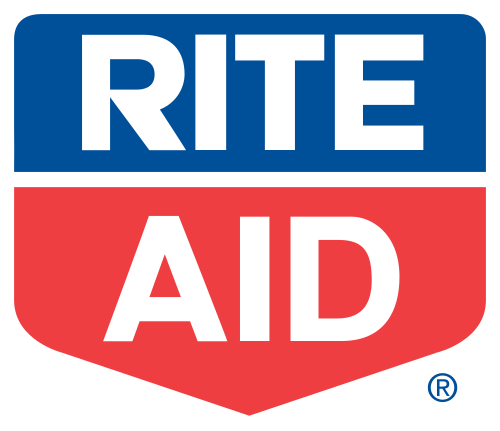 五角形の中に、白い大文字で「Rite」と「Aid」の文字が書かれています。五角形の上部の「Rite」の文字は青色で、下部の「Aid」の文字は赤色です。