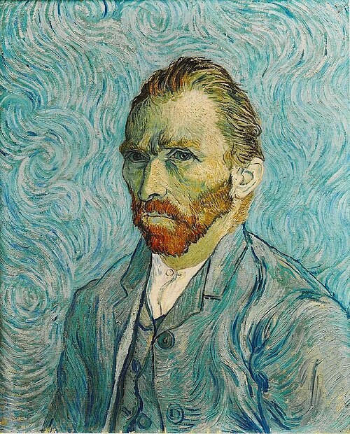 この自画像（1889年）において、フィンセント・ファン・ゴッホは、自身の髪のオレンジ色と青い背景とのコントラストを最大限に活かしている。
