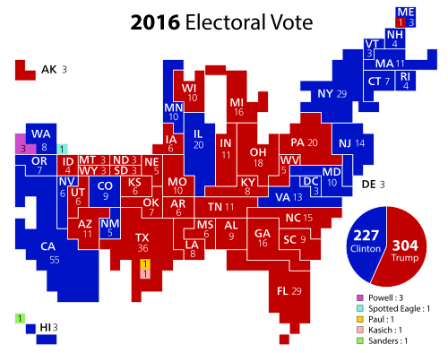 2016年米国大統領選挙の地図を正方形で区切って表示した図