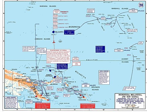 記事に記載されているように、1943年6月から1944年4月までの連合軍と日本軍の主な動きを示したニューギニア、ビスマルク諸島、ソロモン諸島、中央太平洋地域のカラー地図。