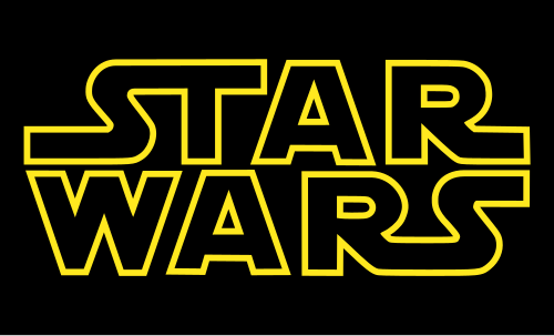 黒い背景に黄色の大きなアウトラインフォントで書かれた「STAR WARS」の文字