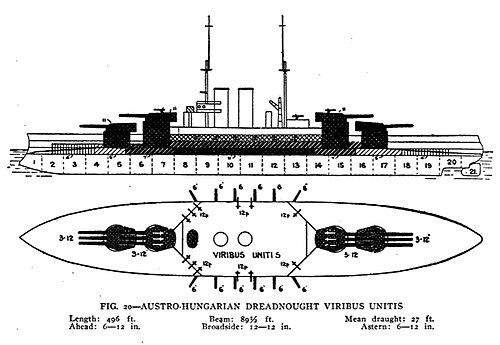このタイプの戦艦の概略図。船には前方に2基、後方に2基の計4基の砲塔が搭載されている。