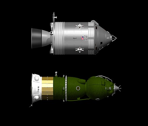 アポロ司令船と月着陸船（ソユーズ7K-L3）（縮尺通り）。月探査のための司令船