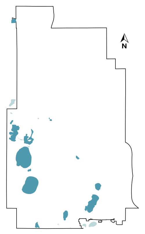 湖は青く、背景には白、ミネアポリスの輪郭は黒で描かれている