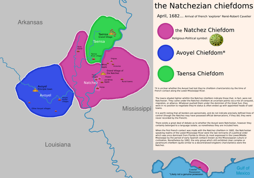 1682 年のナチェズ族とその首長領の接触前の分布の地図