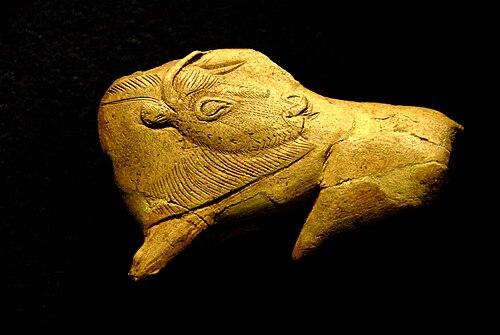 虫刺されを舐めるバイソン; 紀元前 15,000～13,000 年; 角; 国立先史博物館 (レ・ゼイジー・ド・タヤック・シルイユ、フランス)