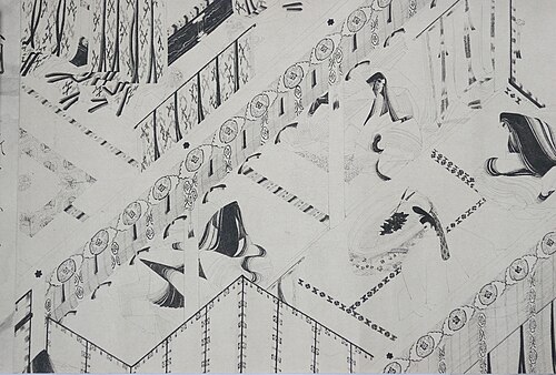 非常に構成の整った水墨画で、色彩のない造り絵に似ており、線は細く均一である。枕草子絵巻 [fr]、13 世紀