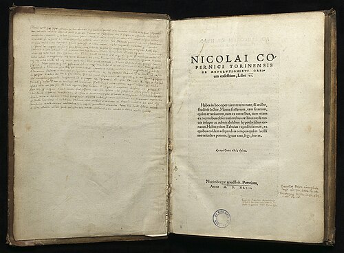 ニコラウス・コペルニクスの著書『天球回転論』1543年版の表紙。この本では、地球が太陽の周りを回っているという彼の理論が説明されている。