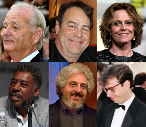 映画のスターたちのポートレート写真:ビル・マーレイ、ダン・エイクロイド、シガニー・ウィーバー、アーニー・ハドソン、ハロルド・ライミス、リック・モラニス