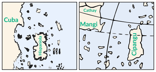 この地図のカリブ海とベハイム地球儀のアジア東海岸の輪郭を並べて見ると、海岸線は異なるものの、陸地の配置は似ていることがわかります。