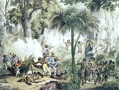この版画は、軍隊と先住民族との戦闘を描いている。