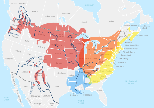 亜種の分布範囲を異なる色で示す北米の地図