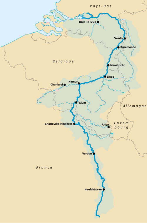 フランスからオランダへ流れるムーズ川を示す地図