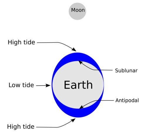 太陽と月が潮汐を引き起こす仕組みを示す図