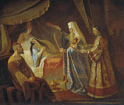 ヤコフ・カプコフ（1816～1854年）作「アレクシス大主教がタタール女王タイドゥラの失明を癒す様子をジャニベグが見守る」