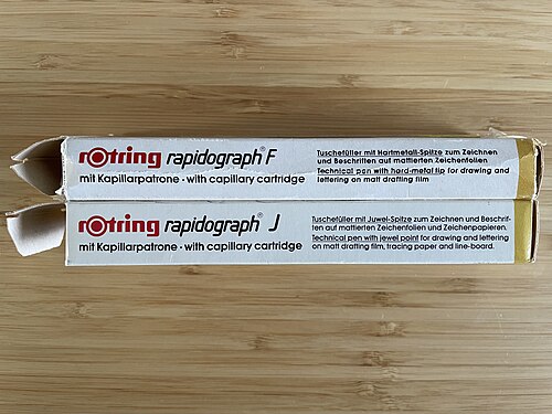 Rotring Rapidograph F および Rapidograph J ペンのオリジナルパッケージ。