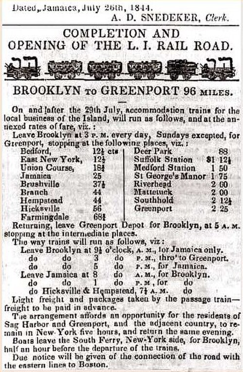 ロングアイランド鉄道の1844年の時刻表