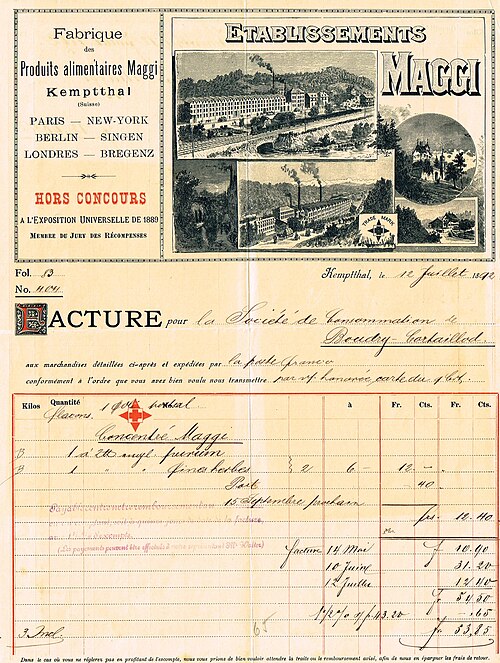 Fabrik von Maggi's Nahrungsmitteln AG の請求書、1892 年 7 月 12 日発行。ジュリアス・マギーによって暴露された