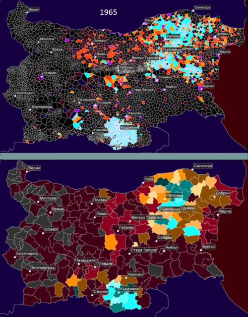 1965年の国勢調査に基づく、ブルガリアにおけるトルコ系住民の分布を示す画像。この画像から、ブルガリアのトルコ系住民は主に同国の南部と北東部に集中していたことがわかる。