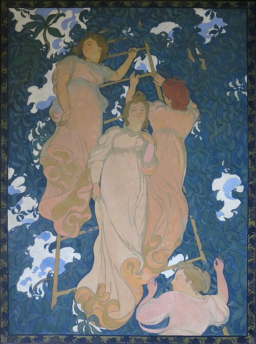 モーリス・ドニ作「木の葉の中の梯子」（1892年）。木製パネルに描かれたキャンバスで、芸術パトロンのアンリ・ルロールの自宅の天井用に制作されました。梯子に乗った同じ女性が4つの視点から描かれています。