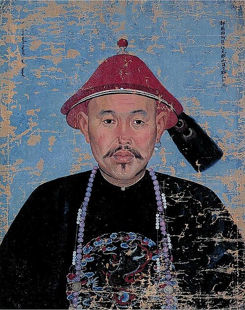 清朝時代の衣装を身にまとったドルベ・オイラト・エルデニ（额爾德尼）。ジャン・ドニ・アティレ作。