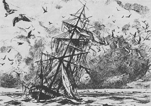 1837 年に難破したインヴィンシブル号の芸術家による描写