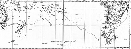 地図:南米のリオデジャネイロから始まり、概ね南下してホーン岬へ、そこから西と北西に南太平洋を横断してタヒチとソシエテ諸島へと続く線。さらに南西に進んでニュージーランドへ、西に進んでオーストラリア沿岸へ、そして北に進んでヨーク岬へと至る。