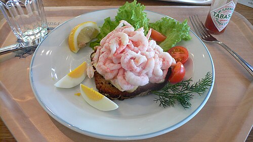 Scandinavian räksmörgås (open faced shrimp sandwich) in Stockholm