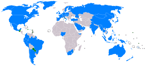世界地図上に11か国が強調表示されている。中華民国を承認しているのは、主に中央アメリカ、南アメリカ、アフリカのごく少数の小国のみである。