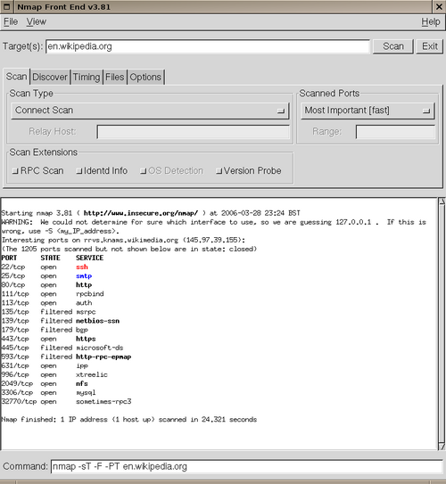 NmapFE、Wikipediaに対するポートスキャン結果を表示