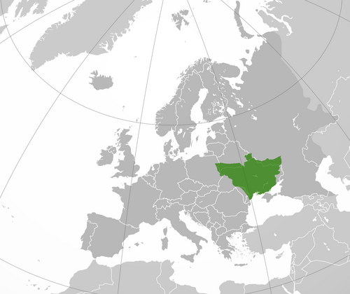 1918年のウクライナ人民共和国（緑）を現代の国境に重ねたもの
