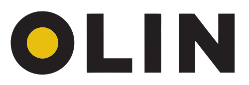 OLIN のロゴ。黒で様式化された文字 OLIN で、「O」の内側が黄色になっています。