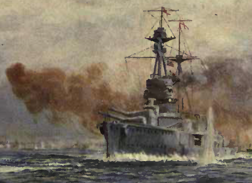 戦時中のロイヤルオークの水彩画。砲身から煙が上がり、敵の砲弾が至近距離から命中したため水が噴き出している。