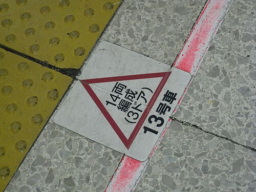 2008年4月、東京駅京葉線のホームに貼られた、E331系電車のドア位置を示すステッカー。