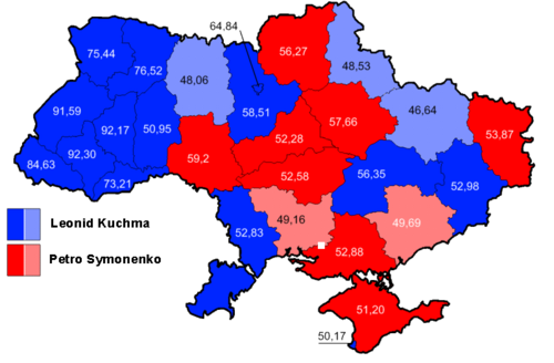 1999年大統領選挙第2回投票の結果: 青 – レオニード・クチマ、赤 – ペトロ・シモネンコ