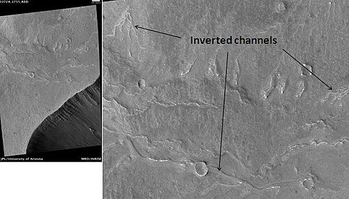HiRISE が撮影した、Juventae Chasma 付近の反転した水路。水路はかつては普通の川の水路でした。スケール バーの長さは 500 メートルです。