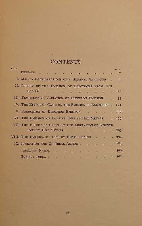 『高温物体からの電気放出』（1916年）の目次
