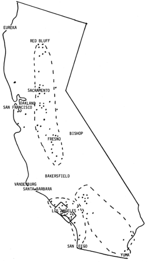 カリフォルニア州の竜巻発生場所の地図