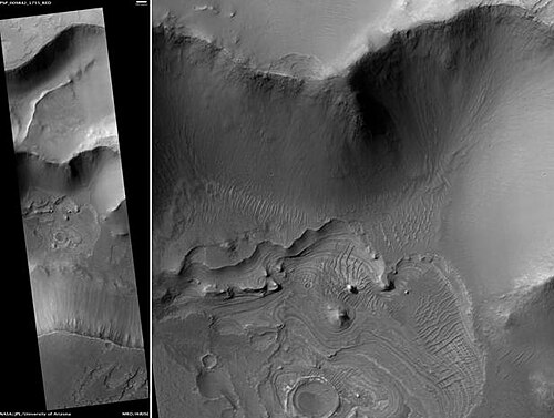 HiRISE が捉えた Juventae Chasma の西側の層。スケール バーの長さは 500 メートルです。