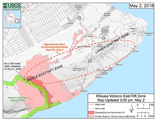 キラウエア火山の東リフトゾーンに沿った進行中の侵入と地震活動の地図（2018 年 5 月 2 日）
