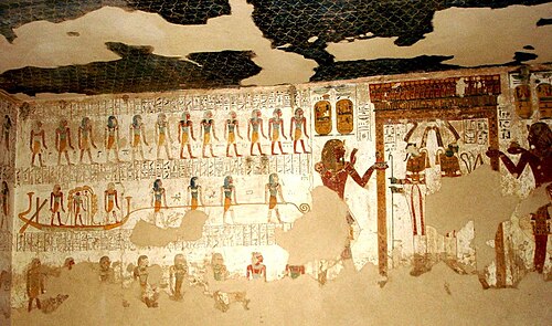 冥界の神々の間を旅するラーの姿。ファラオ・メルエンプタハ（紀元前1213年～1203年頃）の墓から。