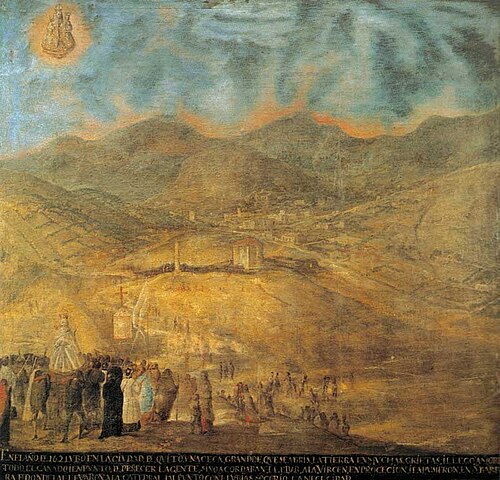 ミゲル・デ・サンティアゴの絵画シリーズ「グアプロの奇跡の聖母」（1699-1706）より「干ばつの時の行進」。キャンバスに油彩、137 x 137 cm。サンティアゴ・デ・グアプロ、キト、エクアドル。