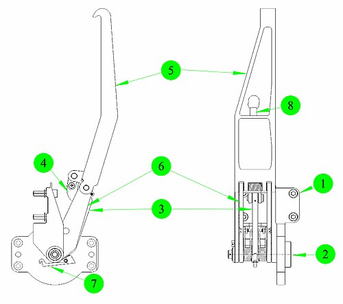 キャプチャラッチは、回転式の4節リンク機構です。シャーシ（1）に取り付けられたアクチュエータ（図示せず）が駆動軸（2）にトルクを加え、駆動アーム（3）を回転させます。アームは「ドッグレッグアセンブリ」（4）を押し回し、キャプチャアーム（5）の外側クレビスにトルクを加えます。キャプチャアームはフォロワーリンク機構（6）の端部を中心に回転し、フォロワーリンク機構のもう一方の端部は軸を中心に回転します。ラッチが展開されると、スイッチ（図示せず）が作動します。完全に閉じると、キャプチャアームの穴（8）を通るフック（7）によってロックされます。