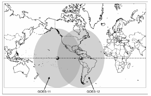 GOES-11およびGOES-12が稼働していた時期の観測範囲マップ（2007年）。
