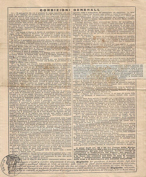 1925年9月5日にイタリアのナポリからニューヨークへ出航したSSジュリオ・チェーザレ号の二等乗船券の裏面。