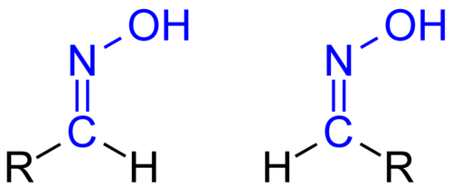 Isomerie der Aldoxime: syn-、heute als (E)-konfiguriert zu beschreibendes Aldoxim、rechts das entsprechende (Z)- (veraltet: anti)-Isomer へのリンク。